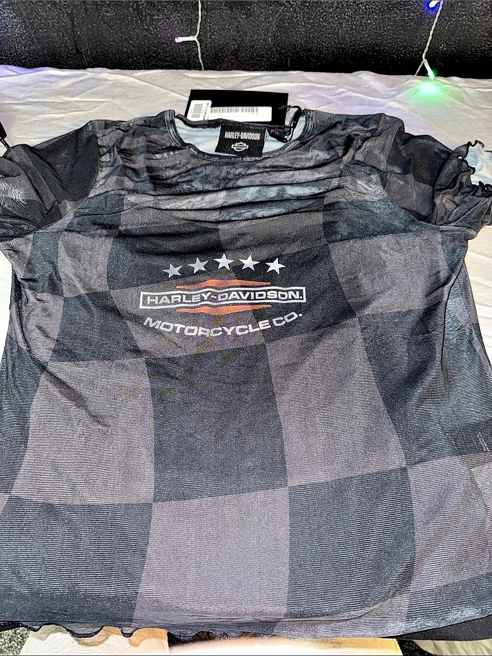Harley-Davidson Checkered Mesh Tee Black Grey Print Medium